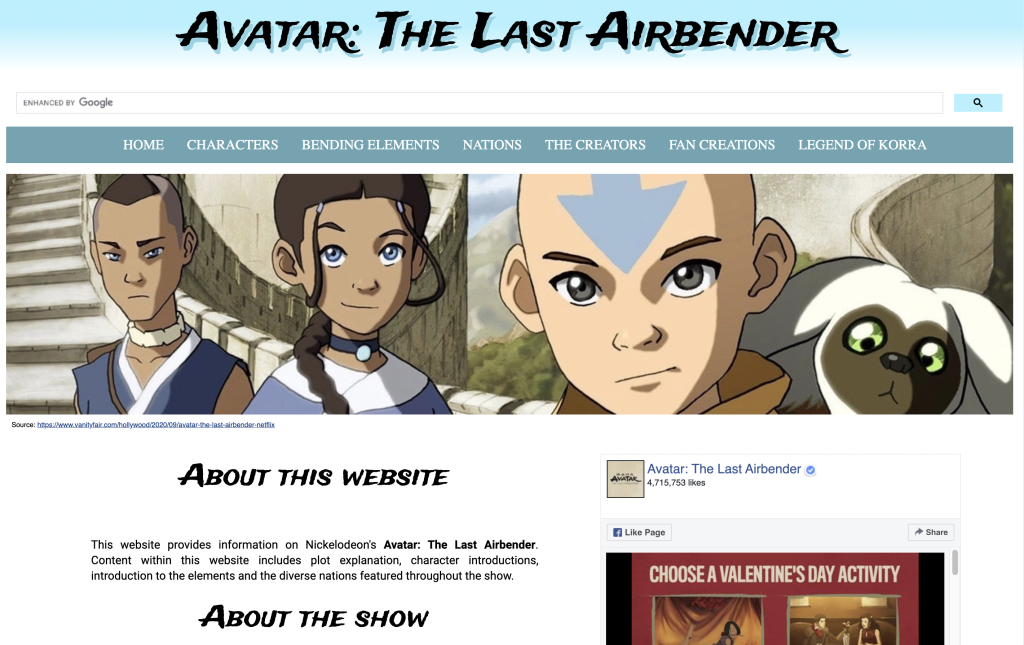 A screenshot from my website about the tv show, Avatar the Last Airbender