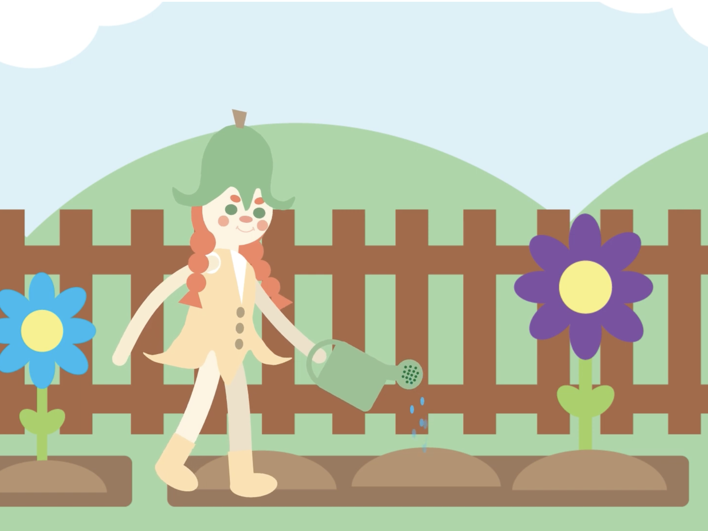 Cartoon character set in the setting of a garden