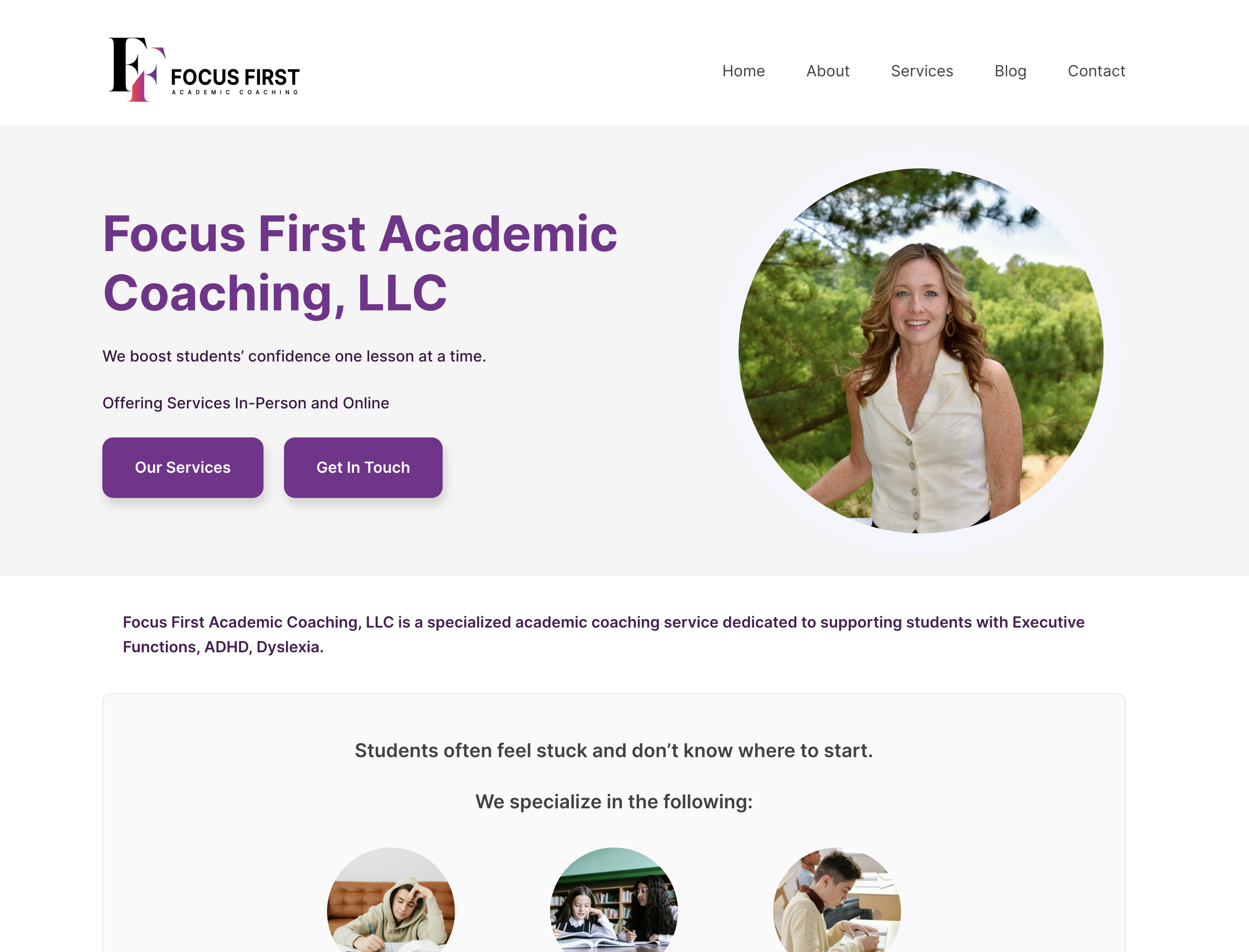 Main page layout of Focus First Academic Coaching website