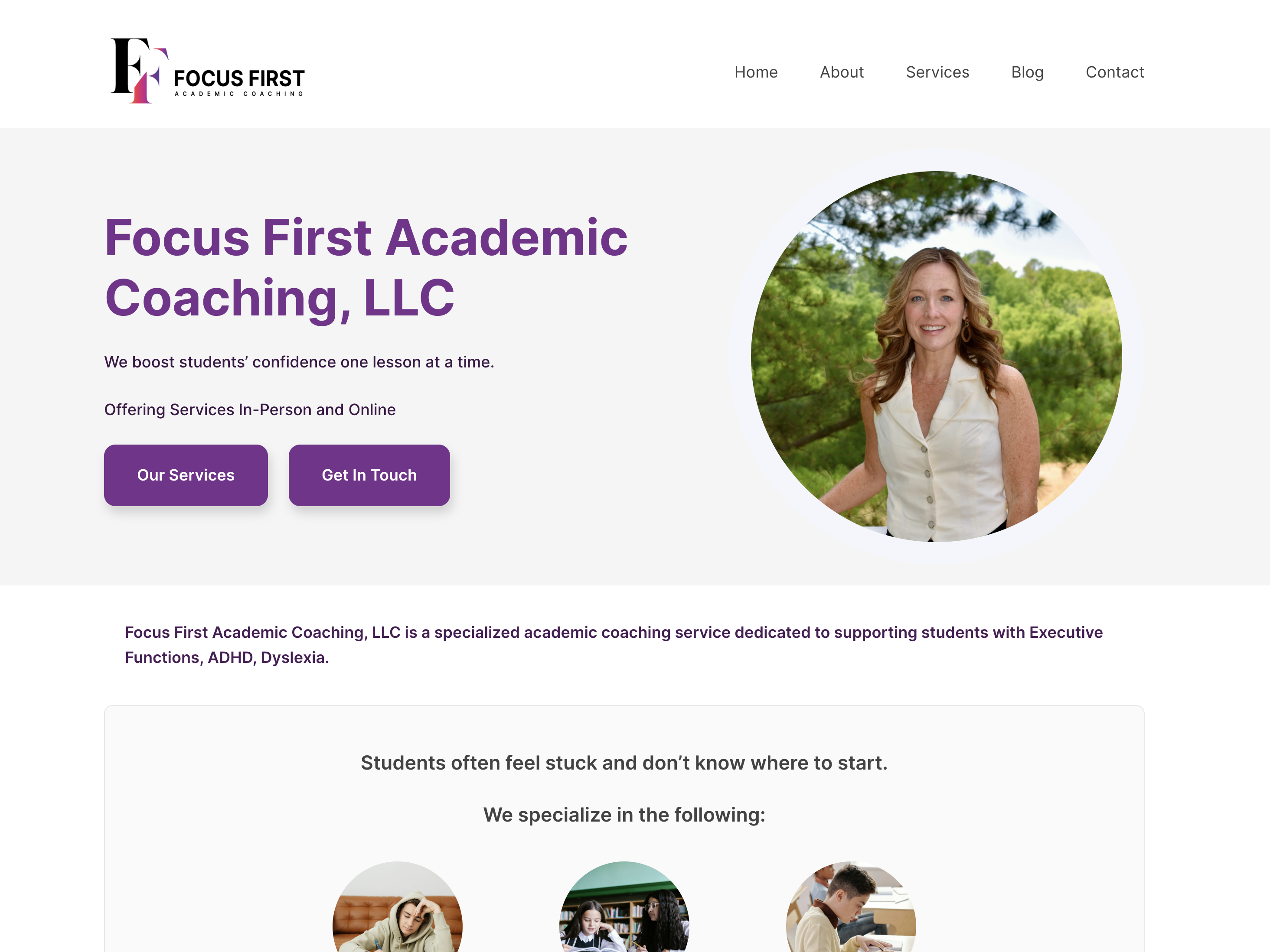 Main page layout of Focus First Academic Coaching website